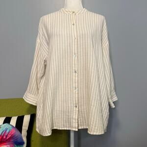 Eileen Fisher Tan White Striped Organic Cotton Mandarin Collar Button Up Shirt